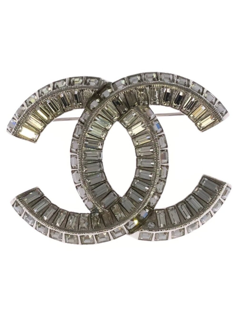 Chanel CC Logo Rhinestone Pin Badge Brooch Silver